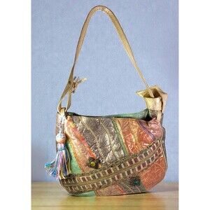VTG Carlo Fiori Italy Multicolor Patchwork Leather Hobo Shoulder Bag Tassel